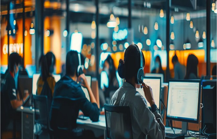 A busy call center company showcasing hard-working employees.